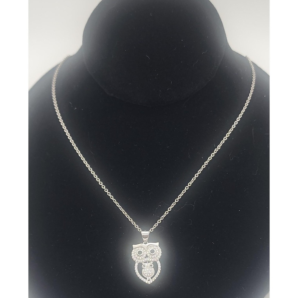 Sterling Silver 925 sparkly‎ pave OWL & baby bird pendant on 18" chain necklace